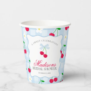 Vasos De Papel Cherry Sweet Blue Coquette Gingham Bridal Shower