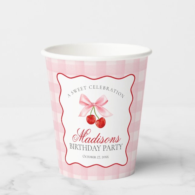 Vasos De Papel Cherry Sweet Pink Coquette Bow Gingham Cumpleaños (Anverso)