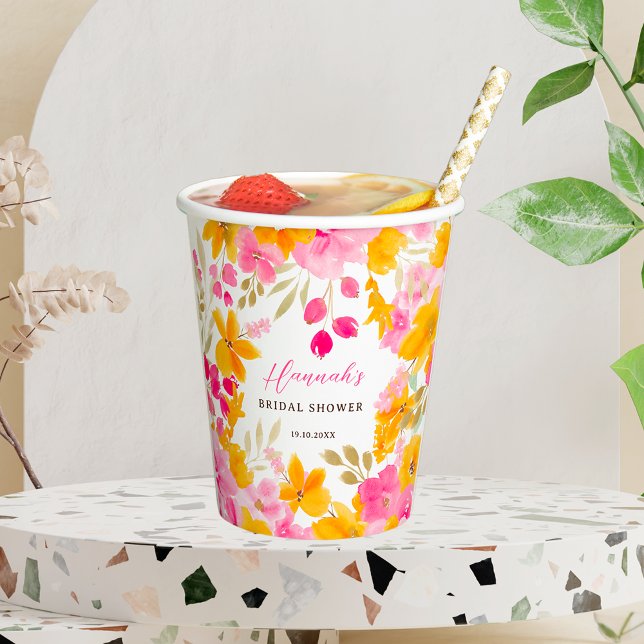 Vasos De Papel Chic bonito amarillo rosa floral acuarela nupcial (Chic pretty yellow pink floral watercolor bridal paper cups)