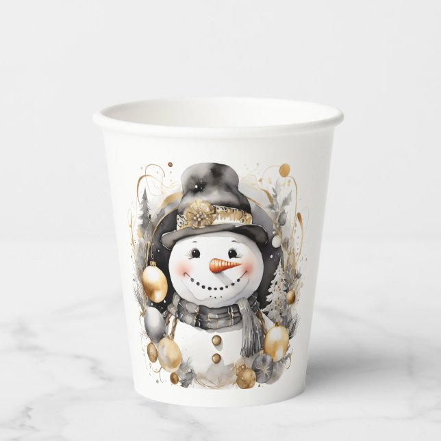 Vasos De Papel Chic Snowman: Black and Gold Holiday Charm (Anverso)