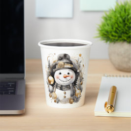 Vasos De Papel Chic Snowman: Black and Gold Holiday Charm