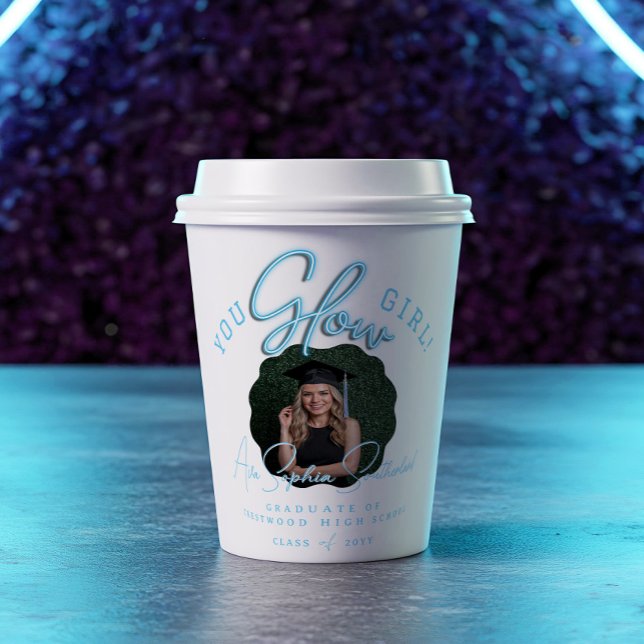 Vasos De Papel Chica brillante Wavy Blue Neon Graduation Photo (You Glow Girl Wavy Blue Neon Graduation Photo Paper Cups)