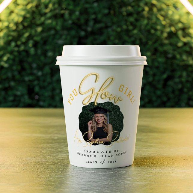 Vasos De Papel Chica brillante Wavy Yellow Neon Graduation Photo (You Glow Girl Wavy Yellow Neon Graduation Photo Paper Cups)
