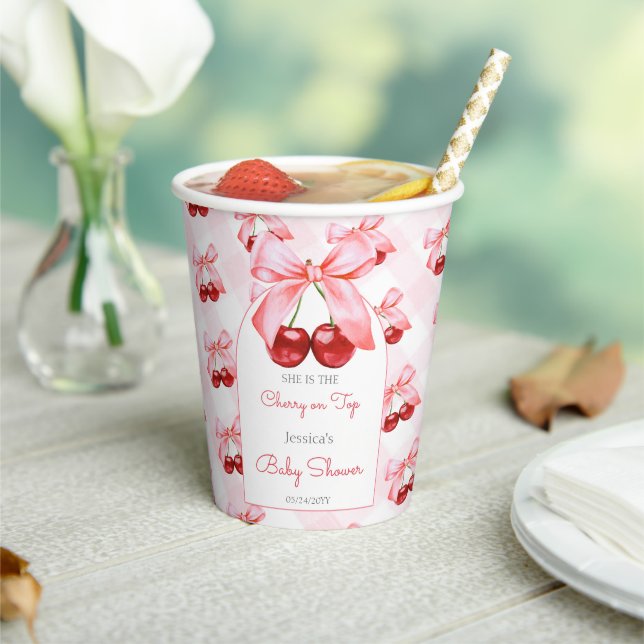 Vasos De Papel Chica Cherry Pink Bow Baby Shower (in situ)