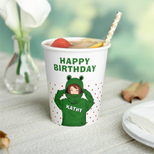 Vasos De Papel Chica con caramba de rana verde Cumpleaños