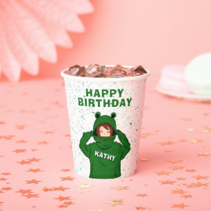 Vasos De Papel Chica con caramba de rana verde Cumpleaños