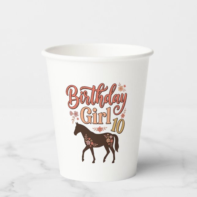 Vasos De Papel Chica Cumpleaños 10 Caballo Diseño Vectorial Flora (Anverso)