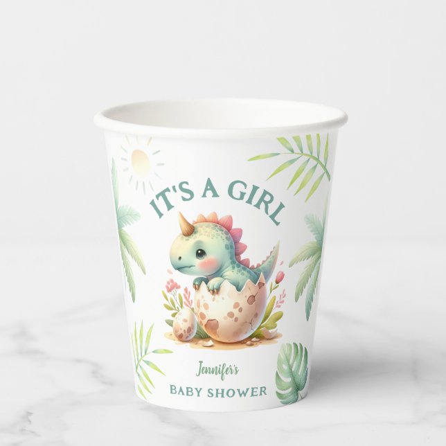 Vasos De Papel Chica Cute dinosaurio rosa Baby Shower taza de pap (Anverso)