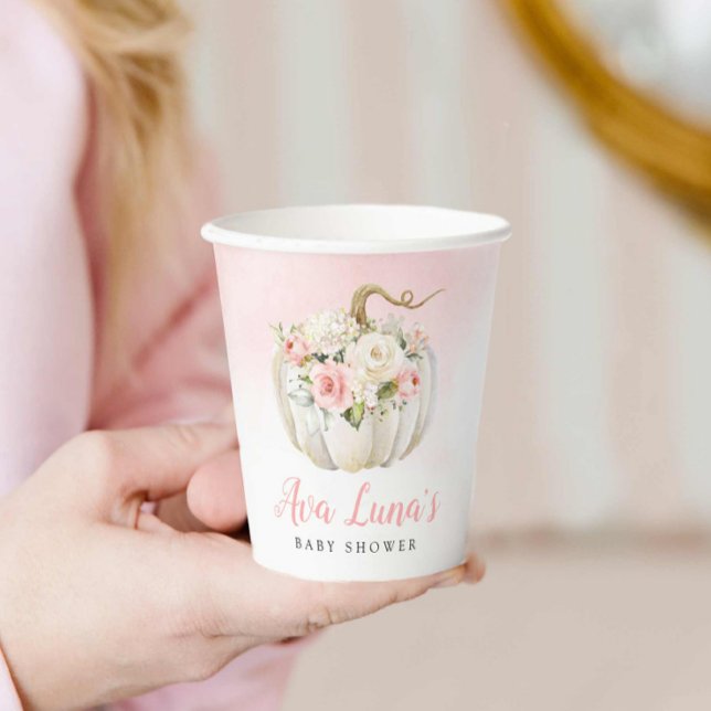 Vasos De Papel Chica de calabaza otoñal Baby Shower personalizado (Pink Fall Pumpkin Girl Baby Shower Paper Cups)