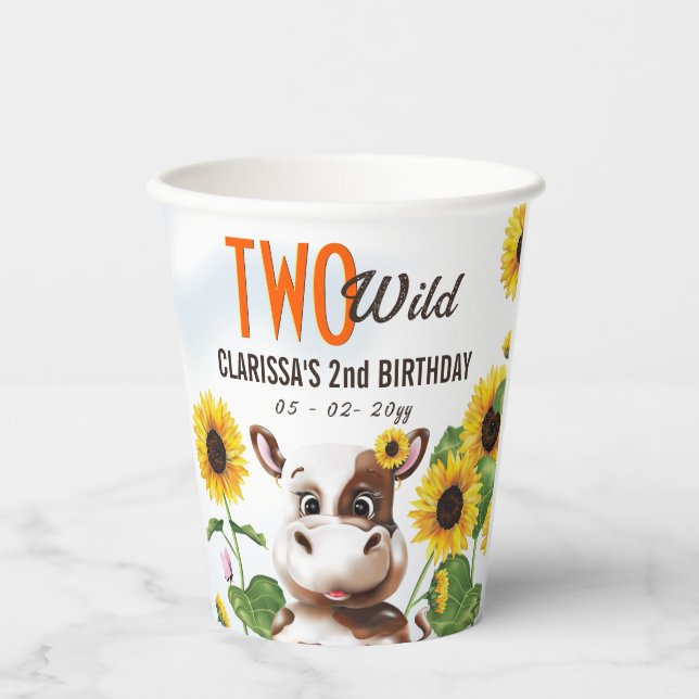 Vasos De Papel Chica de Cow Sunflower Segundo cumpleaños (Anverso)