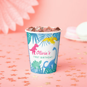 Vasos De Papel Chica de dinosaurios 1er cumpleaños colorido
