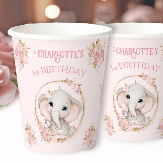 Vasos De Papel Chica de elefante cutto Rosas de flores rosadas Pr (Cute Elephant Girl Pink Floral Roses 1st Birthday Paper Cups)