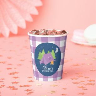 Vasos De Papel Chica de glamping Cumpleaños de camping a cuadros