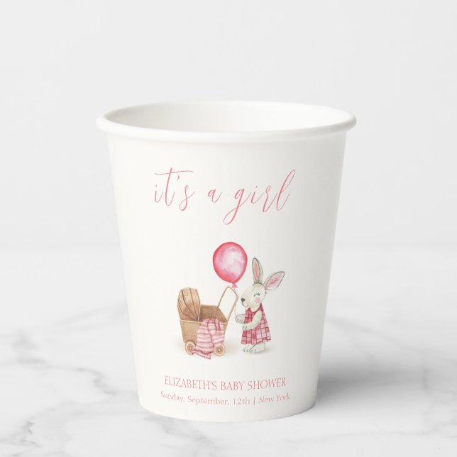 Vasos De Papel Chica de globo Bunny Stroller Rosa Baby Shower (Anverso)