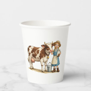 Vasos De Papel Chica de granja con vaca, lindo arte de campo lech