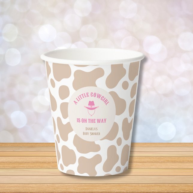 Vasos De Papel Chica de impresión de vaca de rodeo occidental Bab (little cowgirl baby shower pink cow print paper cups)