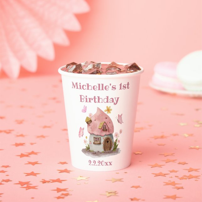 Vasos De Papel chica de la casa de hadas primer cumpleaños rosa l (in situ)