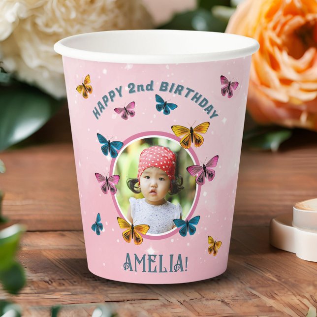 Vasos De Papel Chica de mariposa rosada Cute Foto de cumpleaños (Subido por el creador)