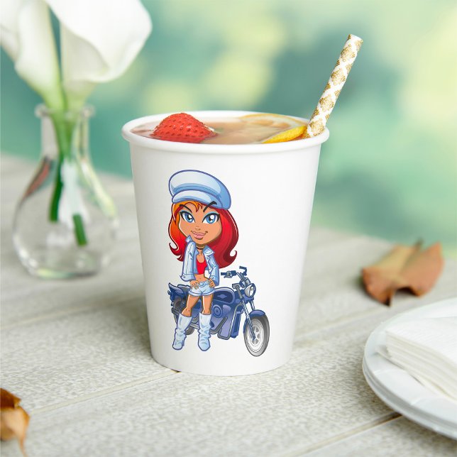 Vasos De Papel Chica de motociclismo elegante con pelo rojo y mot (Subido por el creador)