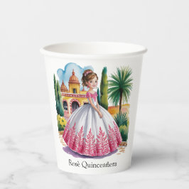 Vasos De Papel Chica de Quinceañera en traje rosa y blanco