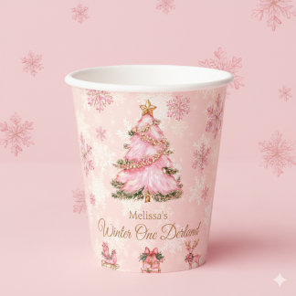 Vasos De Papel Chica de Winter Onderland cumpleaños 1 rosa copo d