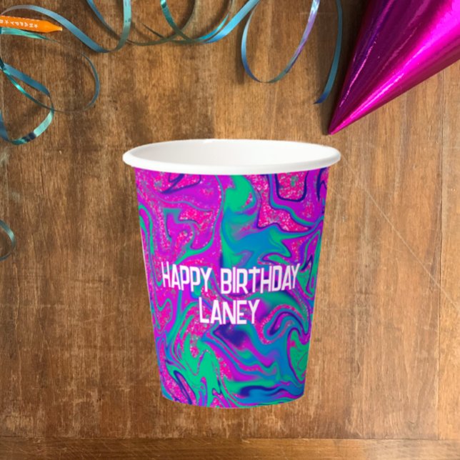 Vasos De Papel Chica del Purpurina Verde azulado Rosado de Guay C (Slime birthday party personalized paper cups. Fun bright pink teal waves with girly glitter)