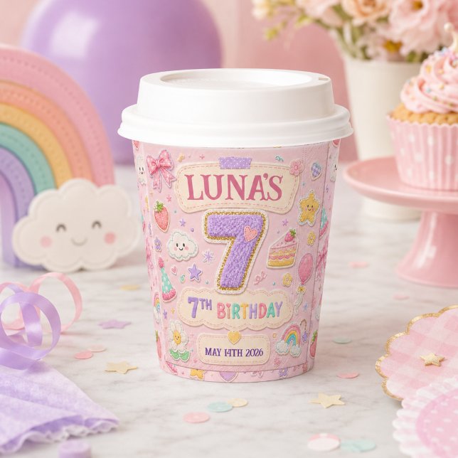 Vasos De Papel Chica Fiesta de Cumpleaños 7 Pastel Arcoíris Patch (Pastel Patchwork Rainbow 7th Birthday Party Girl Paper Cups
)