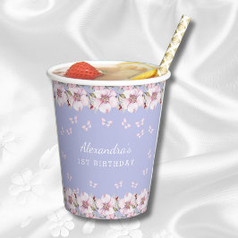 Vasos De Papel Chica Floral Rosa Lilac Mariposa Primer cumpleaños