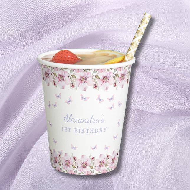 Vasos De Papel Chica floral rosa mariposa sinusal 1º cumpleaños (Subido por el creador)