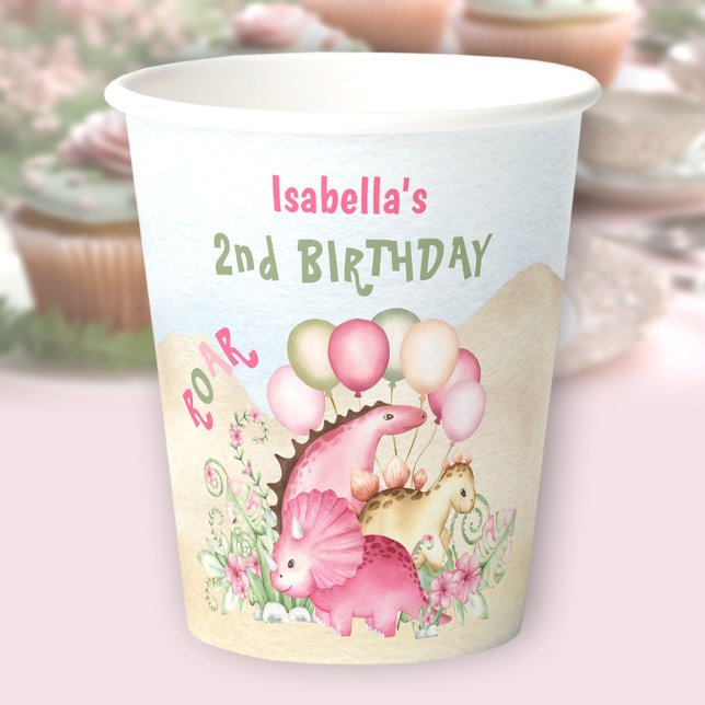 Vasos De Papel Chica floral rosado Pastel Cute de Dinosaurio Cump (Dinosaur Pink Pastel Cute Floral Girl Birthday Paper Cups)