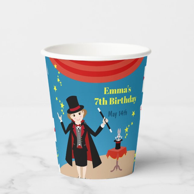 Vasos De Papel Chica mago muestra fiesta de cumpleaños (Anverso)