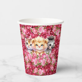 Vasos De Papel Chica Purpurina rosa Baby Shower Animales salvajes