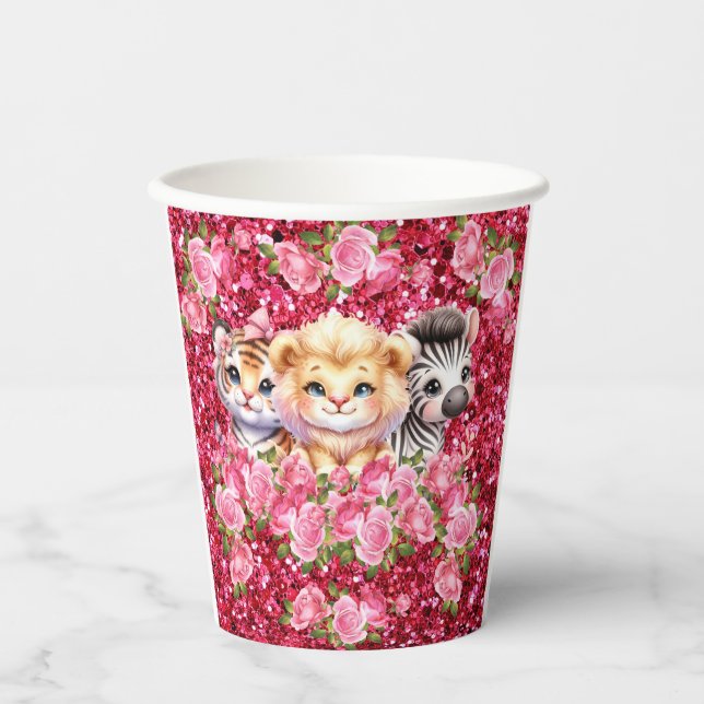 Vasos De Papel Chica Purpurina rosa Baby Shower Animales salvajes (Anverso)