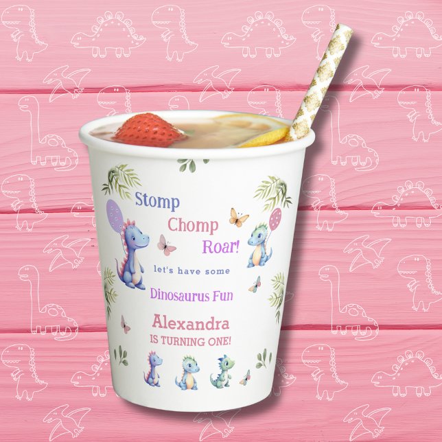 Vasos De Papel Chica Rosa Cute Dinosaurio primer Fiesta de cumple (Subido por el creador)