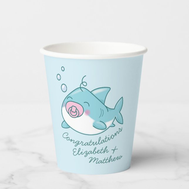 Vasos De Papel Chica rosa de Cute Shark Baby Shower Kawaii (Anverso)