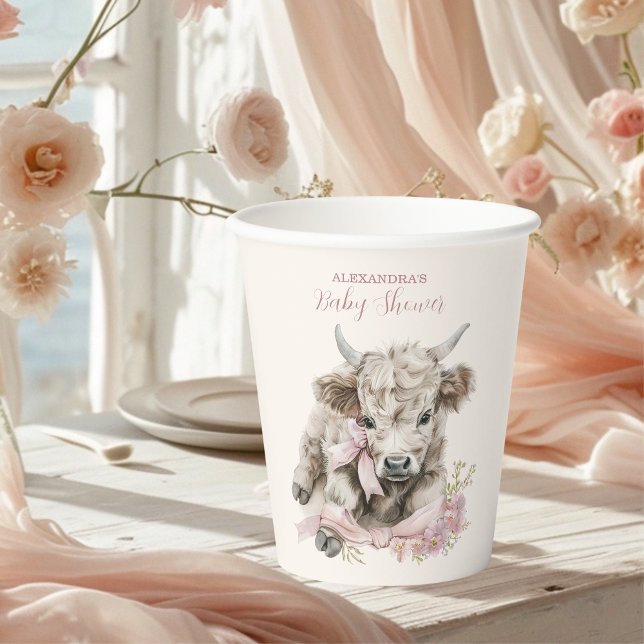 Vasos De Papel Chica rosa Floral Highland Cow Baby Shower (Subido por el creador)