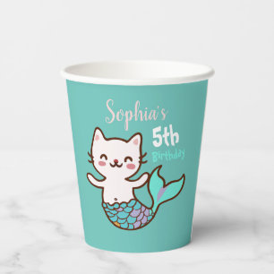 Vasos De Papel Chica Sirena Gato Cumpleaños Linda Purrmaid Meowma