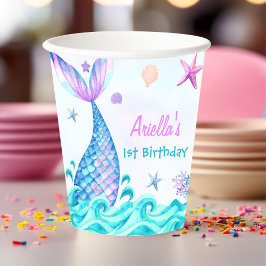 Vasos De Papel Chica Sirena Primer Fiesta de Cumpleaños