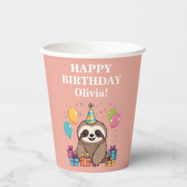 Vasos De Papel Chica Sloth Feliz cumpleaños Fiesta Rosa Personali