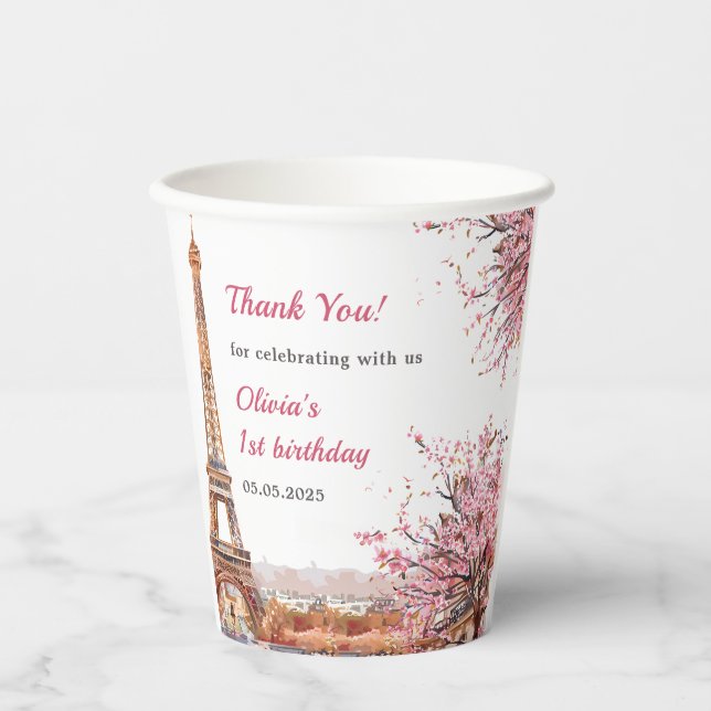 Vasos De Papel Chica Torre Eiffel Paris 1er cumpleaños (Anverso)