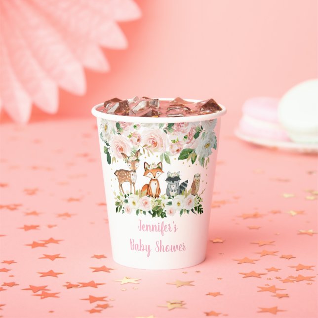 Vasos De Papel Chica Woodland Baby Shower Rubor Floral (in situ)