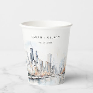 Vasos De Papel Chicago, Illinois City Scape Watercolor Boda