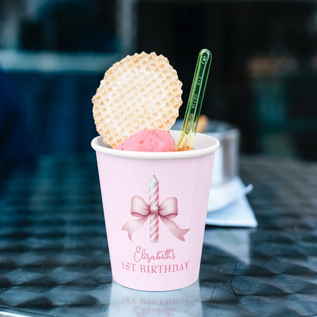 Vasos De Papel Chicas De Bow Rosado Quieren Ser Un Primer Cumplea (Pink Bow Girls Just Wanna Be One 1st Birthday Paper Cups)