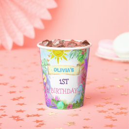 Vasos De Papel Chicas de Dinosaurios Purpurina Floral Cumpleaños