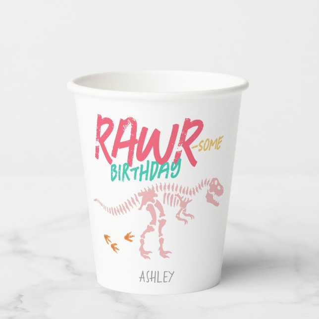 Vasos De Papel Chicas de dinosaurios rosados cavan niños adorable (Anverso)