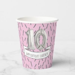 Vasos De Papel Chicas de globos rosados y grises décimo cumplea