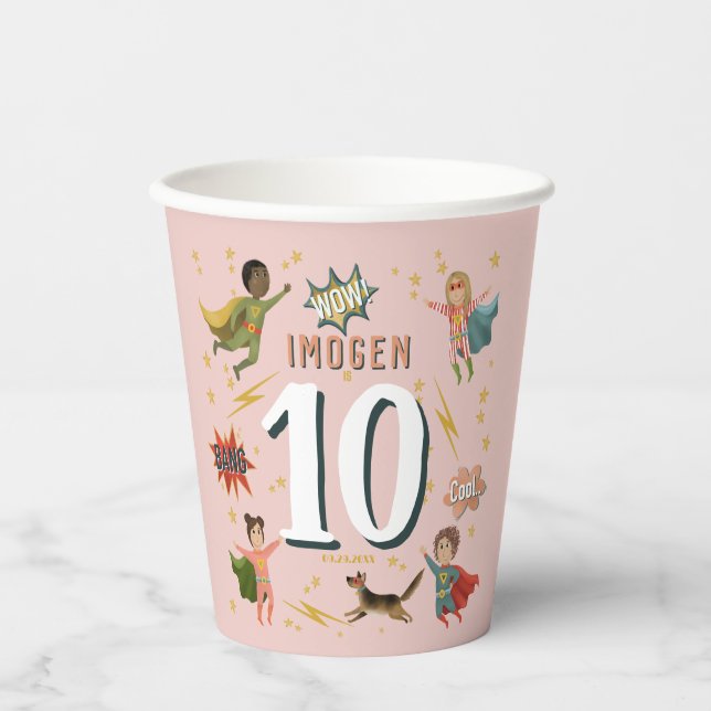 Vasos De Papel Chicas Guay Superhéroe rosa niños cumpleaños (Anverso)