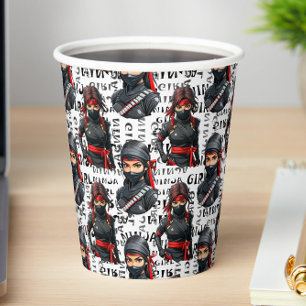 Vasos De Papel Chicas Ninja Anime con diseño de patrón de texto