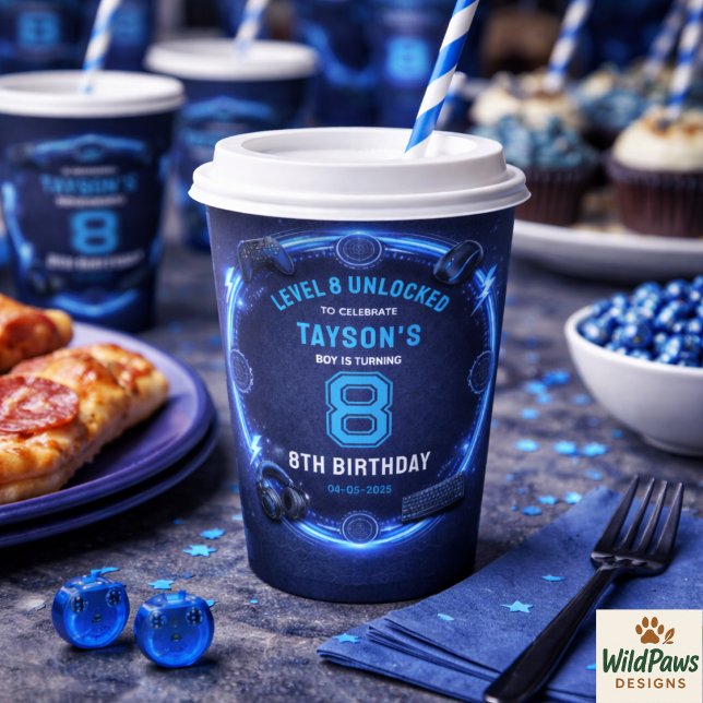Vasos De Papel Chicos Modernos Fiesta de Cumpleaños Cool Blue Gam (Boys Modern Cool Blue Gaming 8th Birthday Party Paper Cups
)