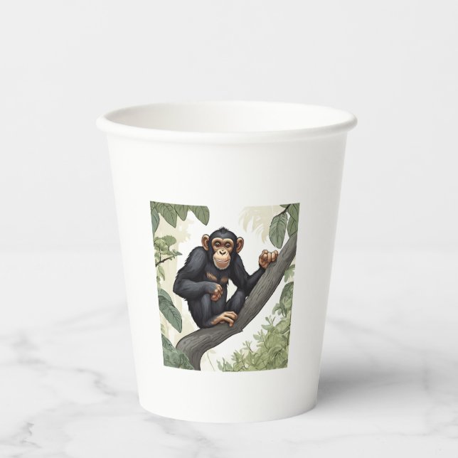 Vasos De Papel Chimpancé lindo en la rama saluda (Anverso)